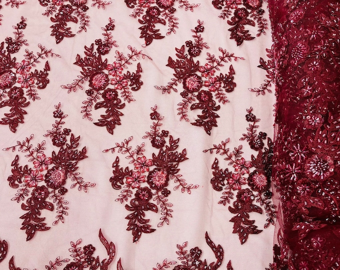 Burgundy Flower Cluster Beaded Fabric | by the yard | Embroidered Beaded Layered Border Fabric, Lace Beaded