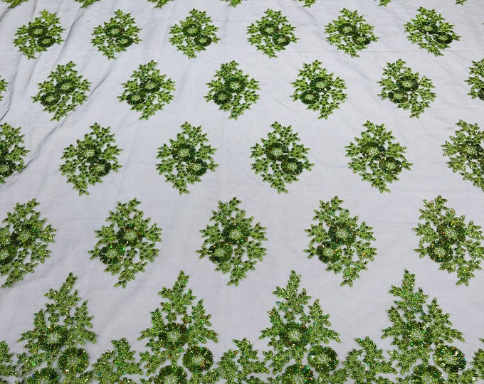 Green on Black Mesh Lace Fabric - by yard - Corded Flower Embroidery With Sequins on a Mesh Lace Fabric For Wedding-Bridal