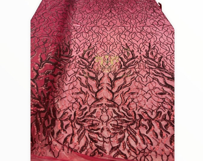 Burgundy Sequins Fabric, DAMASK Design Embroidered On a Mesh 4 way Stretch Sequin, Lace Fabric, Prom-Gown By The Yard ( Choose The Size )