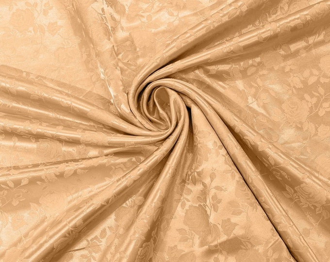 Khaki Flower Brocade Jacquard Satin Fabric, Sold By The Yard Polyester Satin Floral Wide 58/60"  (Choose The Quantity)