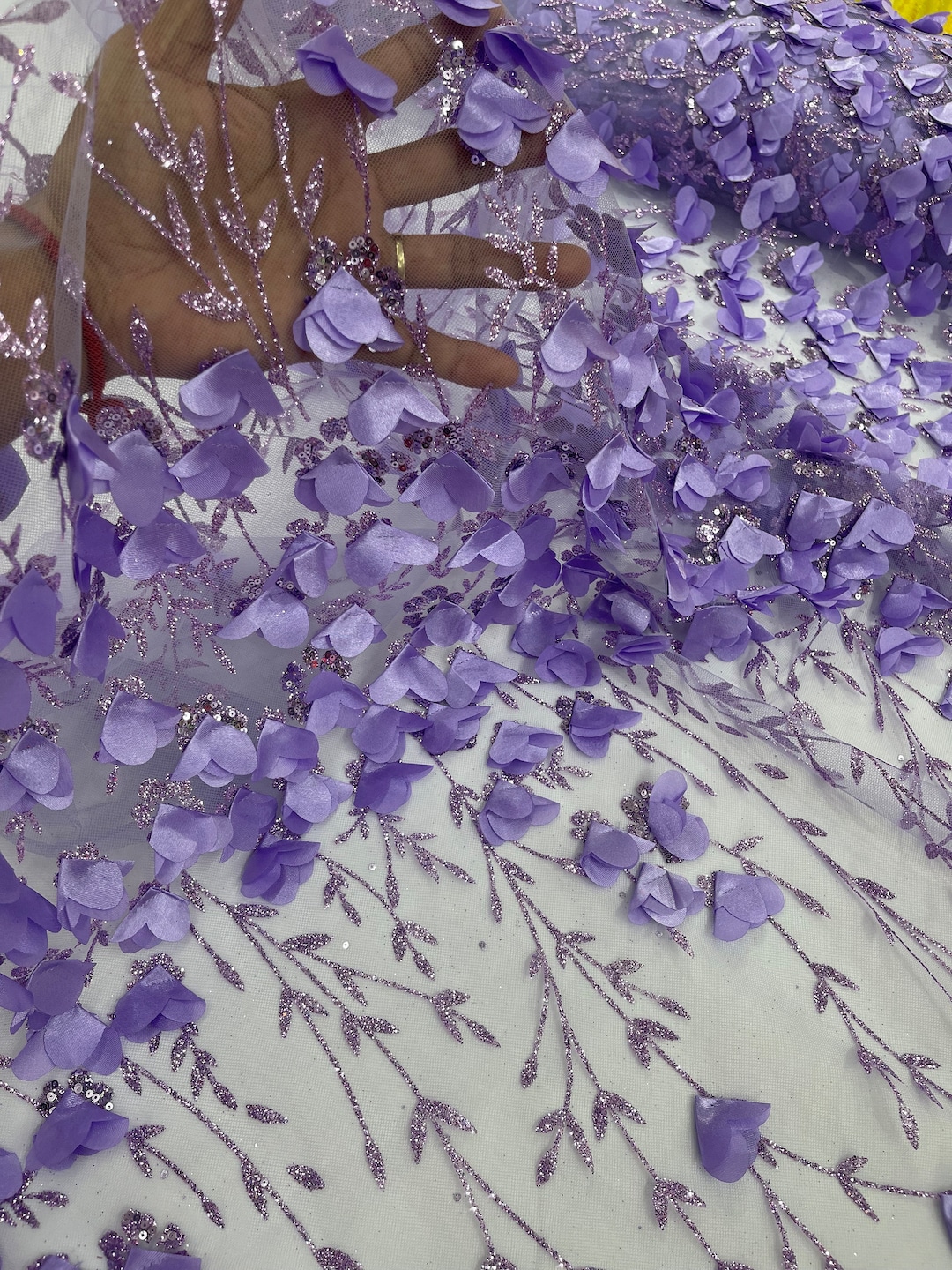 Lilac 3D Flower Glitter Sequin Fabric by the Yard, Lilac 3D Floral ...