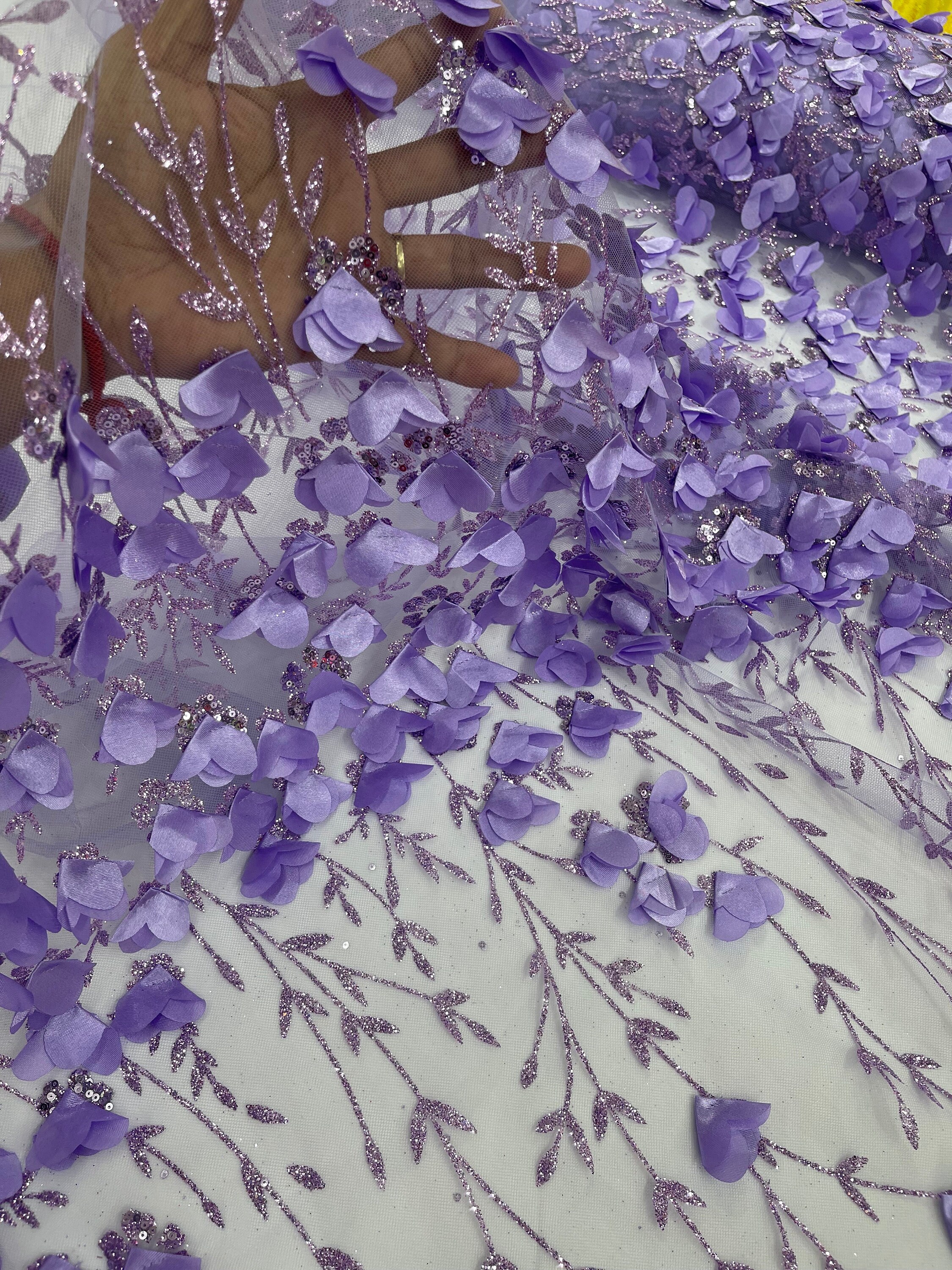 Lilac 3D Flower Glitter Sequin Fabric by the Yard, Lilac 3D Floral ...