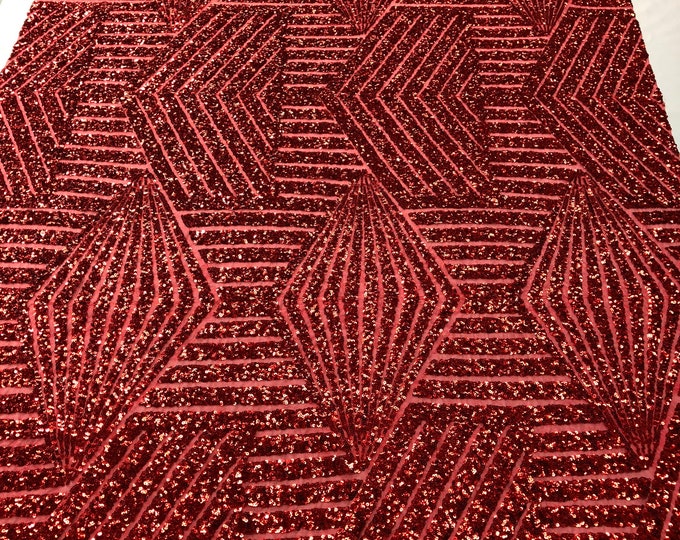 Red Geometric Design On a Mesh-Prom-Gown, 2 Way Stretch Sequin Fabric By The Yard