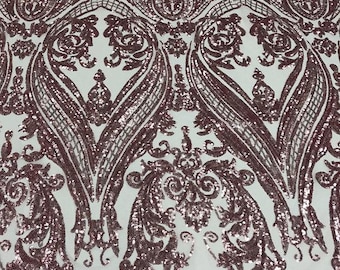 Rose Gold Sequin Fabric – Damask Design, 4-Way Stretch Mesh