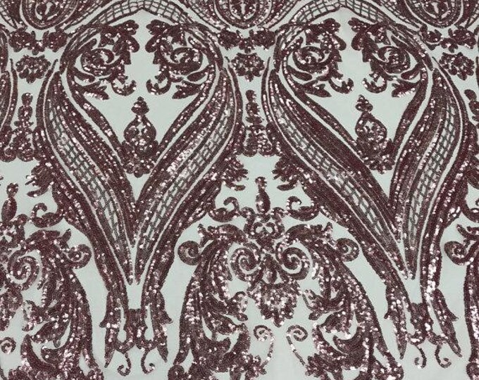 Rose Gold Sequin - 4 Way Stretch Fancy Big Damask Design Sequins on Spandex Mesh Prom Gala Gown Fabric By The Yard