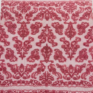 Dusty Rose Damask Beaded Lace Fabric: Bridal Wedding Gown, 52&quot; Wide