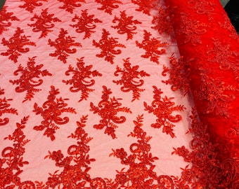 Red Flower Embroidery Lace Fabric with Sequins, Bridal Gown Mesh Lace By The Yard