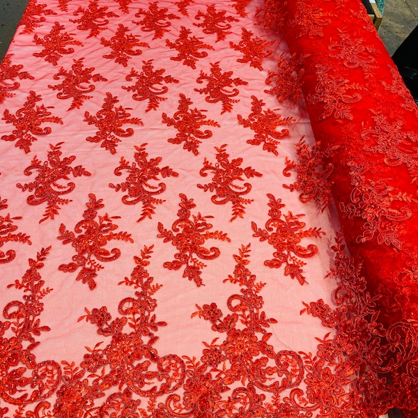 Red Lace Fabric, Corded Flower Embroidery With Sequins on a Mesh Lace Fabric By The Yard For Gown, Wedding-Bridal-Dress