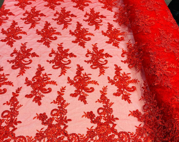 Red Lace Fabric, Corded Flower Embroidery With Sequins on a Mesh Lace Fabric By The Yard For Gown, Wedding-Bridal-Dress