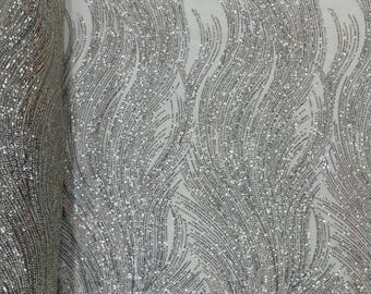 Silver Beaded Mesh Fabric, Wavy Embroidered Beads and Sequins, Bridal Wedding Dress