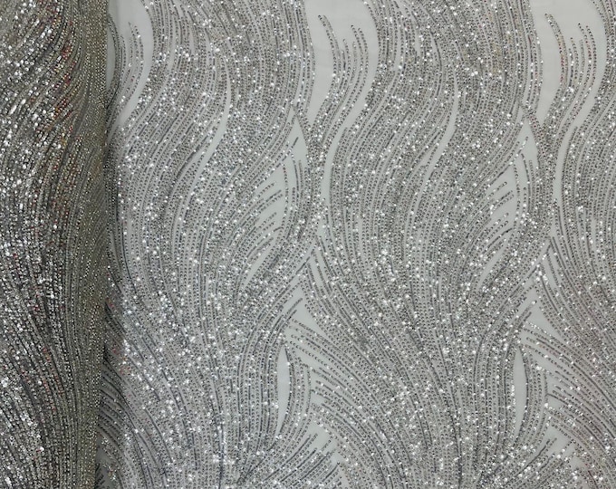 Silver Beaded Mesh Fabric, Wavy Embroidered Beads and Sequins, Bridal Wedding Dress