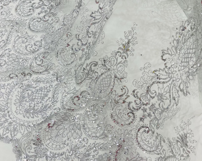 Silver Glitter Mesh Quinceanera Lace Fabric, Geometric Prom Dresses, Nightgowns, Fashion Apparel