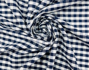 Navy Blue & White Gingham Poly Cotton Fabric by Yard 1/4” Squares, Checkered Fabric