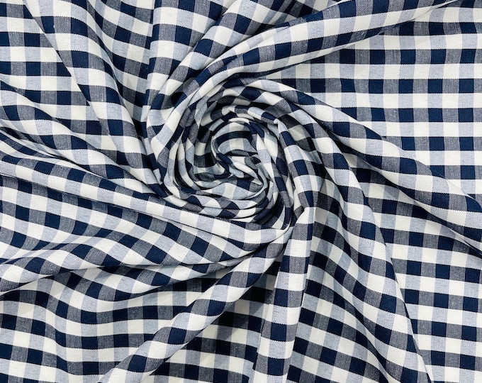Navy Blue & White Gingham Poly Cotton Fabric by Yard 1/4” Squares, Checkered Fabric