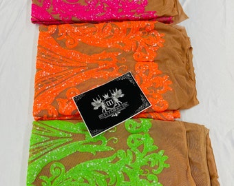 Iridescent Sequin Damask Fabric, Embroidered 4-Way Stretch Mesh
