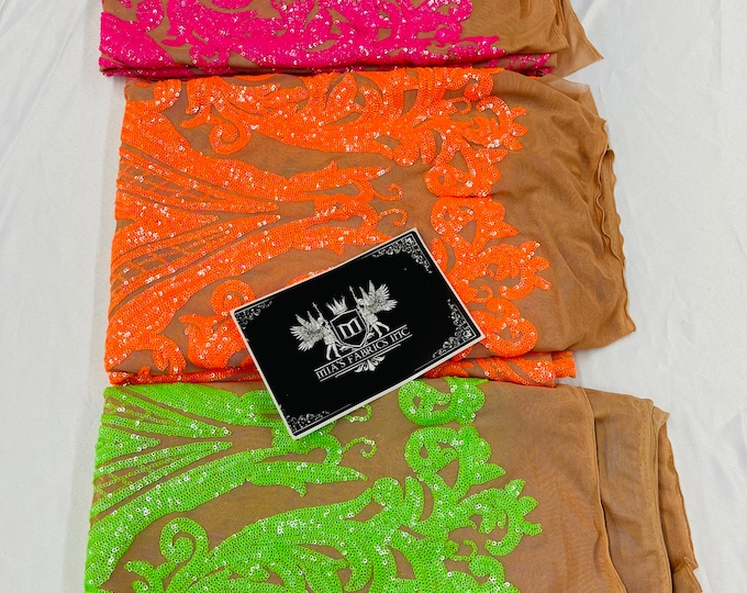 Mia's Fabrics Inc Iridescent Sequin Fabric, Embroidered With Sequins On 4 Way Stretch Mesh, Damask Design Sequin Lace Fabric (Pick a Size)
