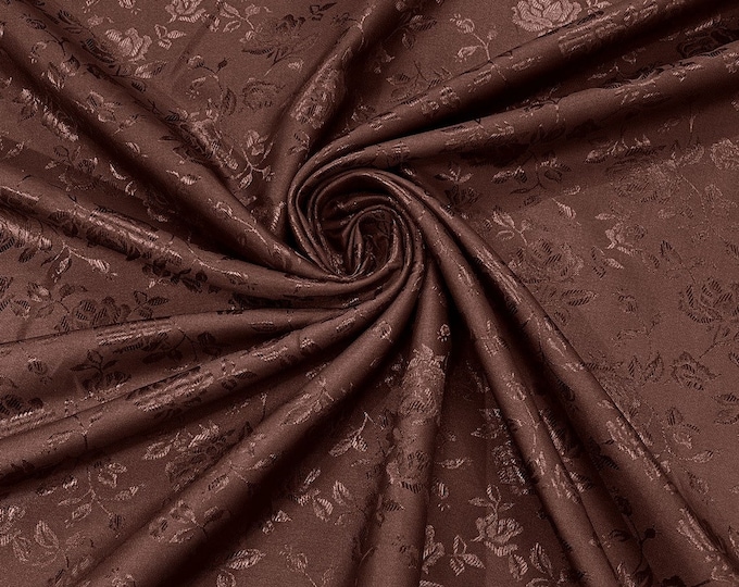 Brown Flower Brocade Jacquard Satin Fabric, Sold By The Yard Polyester Satin Floral Wide 58/60"  (Choose The Quantity)
