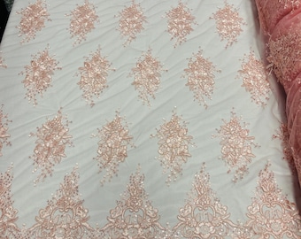 Pink Embroidered Floral Lace Fabric with Sequins – Scalloped Edge Mesh, By The Yard