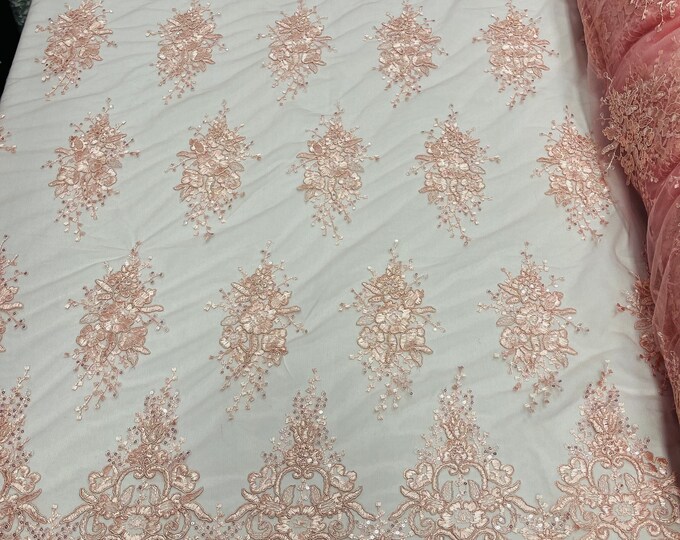 Pink Flower Cluster Fabric - Embroidered Floral Design With Sequins on Mesh Lace Fabric by the Yard (Pick a Size)
