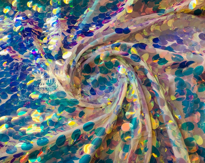 Clear Iridescent Jumbo Oval Paillette on a Mesh by the yard - Jumbo Tear Drop Sequins Fabric | (Pick a Size)