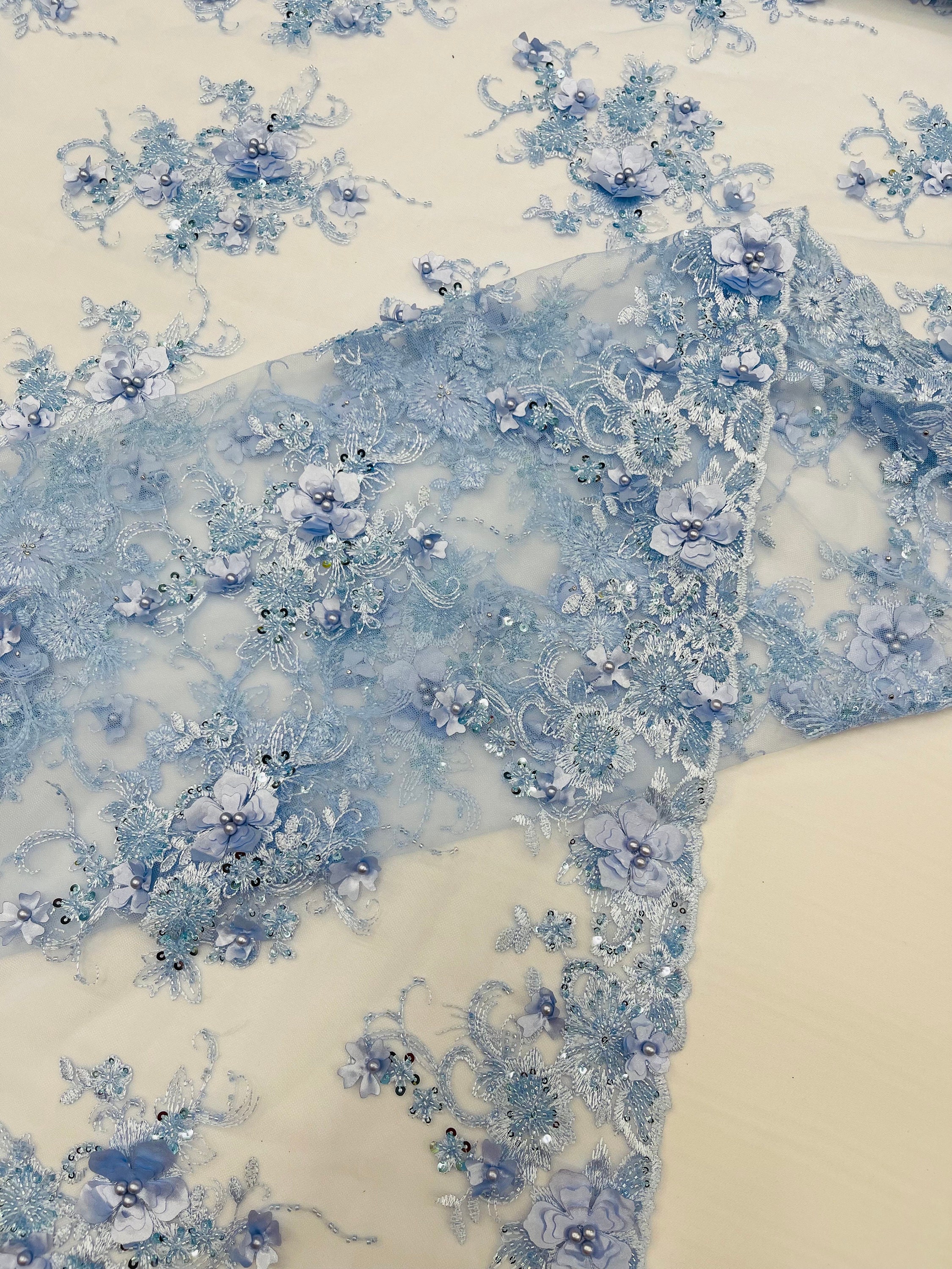Baby Blue 3D Floral Beaded Embroidery Lace Fabric - Etsy