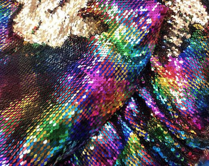 Rainbow/Gold Flip Up Sequins Reversible, 2-Way Stretch 58/60” Sequins Fabric Dresses-Nightgowns-Prom Gown (Choose The Quantity)