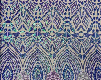 Lavender Iridescent Sequin Fabric – Geometric Embroidery on Mesh, 4-Way Stretch