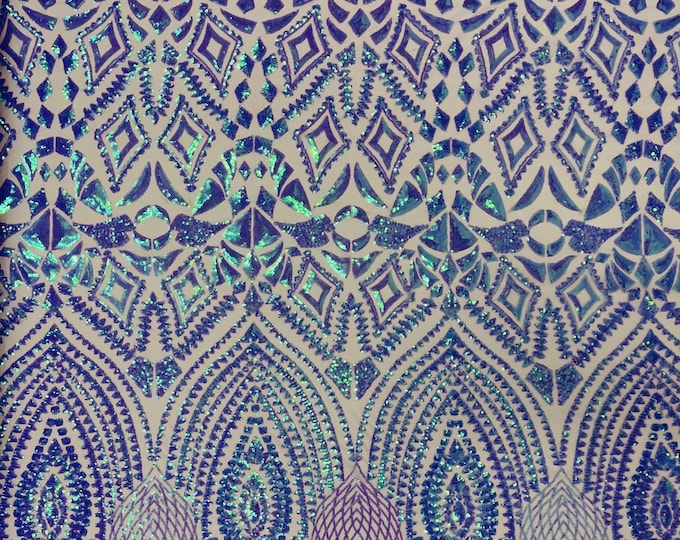 Lavender iridescent Sequin Fabric on a Mesh 4 Way Stretch - Geometric Design Embroidery With Sequins Iridescent (Pick a Size) by the yard