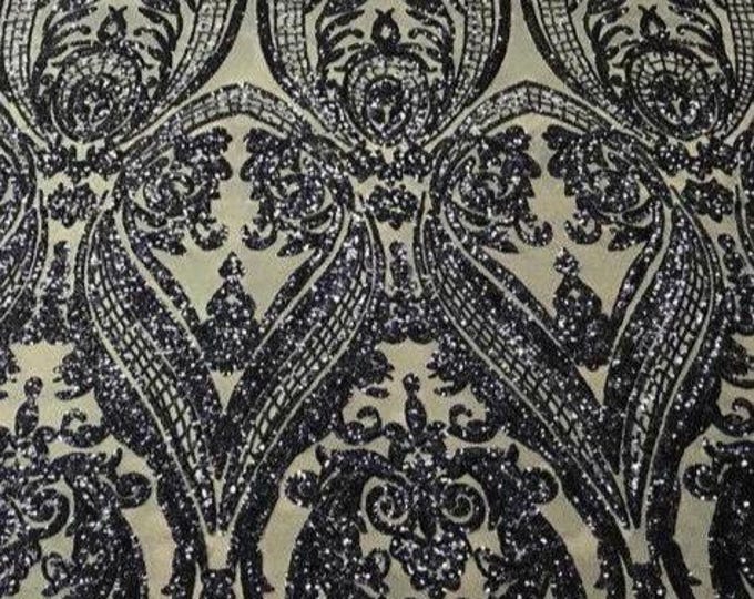 Navy Blue Sequin - 4 Way Stretch Fancy Big Damask Design Sequins on Spandex Mesh Prom Gala Gown Fabric By The Yard