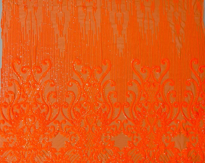 Neón Orange Sequin - 4 Way Stretch Fancy Damask Design Sequins on Spandex Mesh Prom Gala Gown Fabric By The Yard