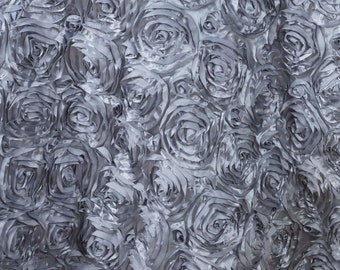 Silver Gray Rosette Satin Fabric: 3D Floral Decor, 54" Wide