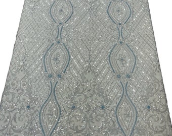 Beaded Damask Fabric: Baby Blue Embroidered Geometric Mesh, Sold By The Yard