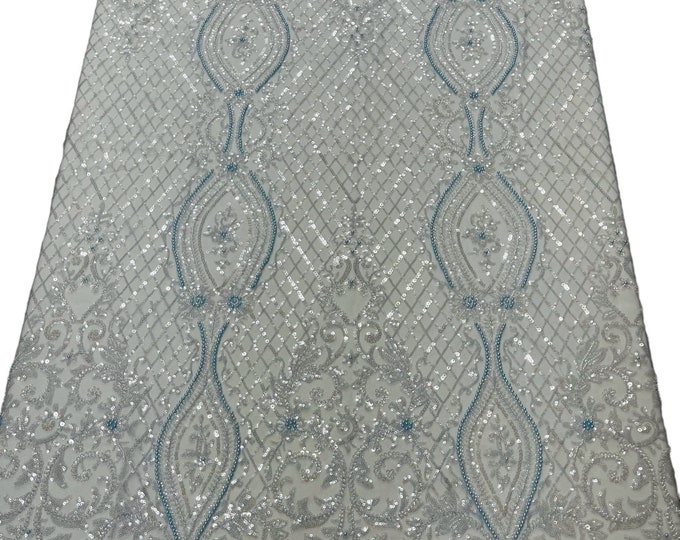 Baby Blue Fashion Design Bead Damask Fabric, Embroidered Geometric Design With Beads and Sequins on a Mesh Sold By The Yard