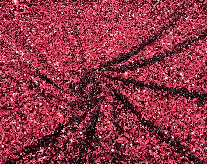 Burgundy Sequin Fabric on Stretch Velvet - by the yard - all Over 5mm Sequins Velvet 2-way Stretch 58/60”