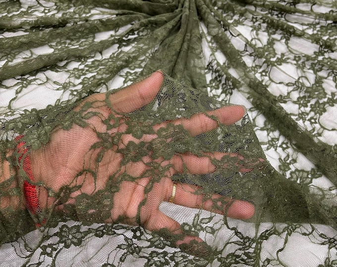 Olive Green Floral Lace Fabric - 4-Way Stretch Spandex Mesh, Sold by the Yard