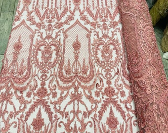 Dusty Rose Beaded Fabric, Embroidered Floral Mesh, By The Yard