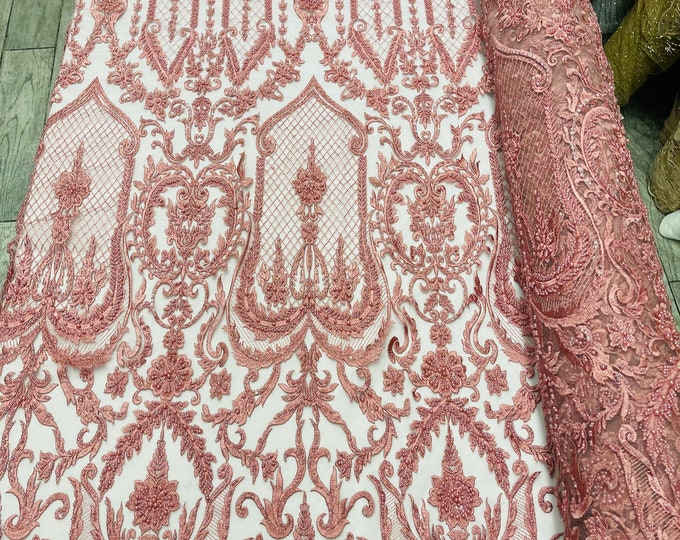 Mia’s Fabrics, Dusty Rose - Beaded Fabric - by the yard - Embroidered With Pearls and Beads on Mesh