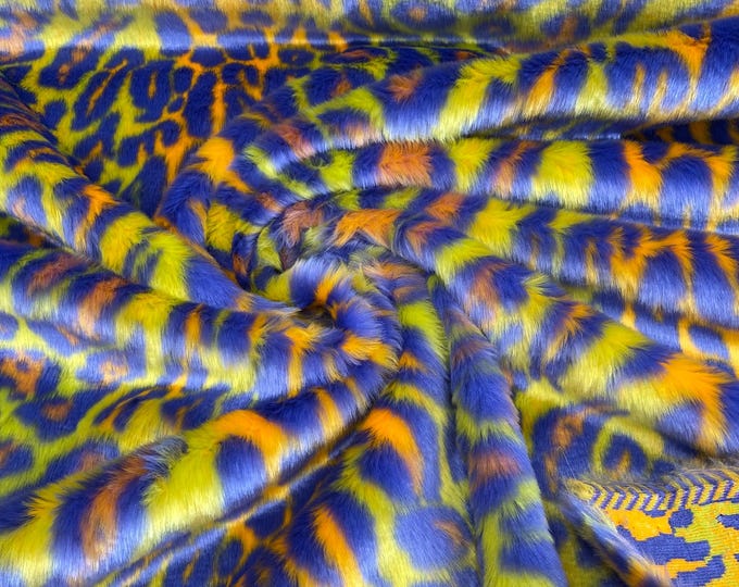 Orange Lime Purple Leopard Faux Fur Fabric By The Yard, Leopard Short Pile Fur Fabric, Multi-Color Leopard Apparel, Costume, 60" Wide