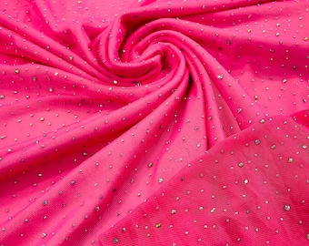 Neon Pink | AB Rhinestones Fabric On Pink Power Mesh Polyester Spandex Fabric With Crystal Stones | AB Rhinestones Fabric sold by yard