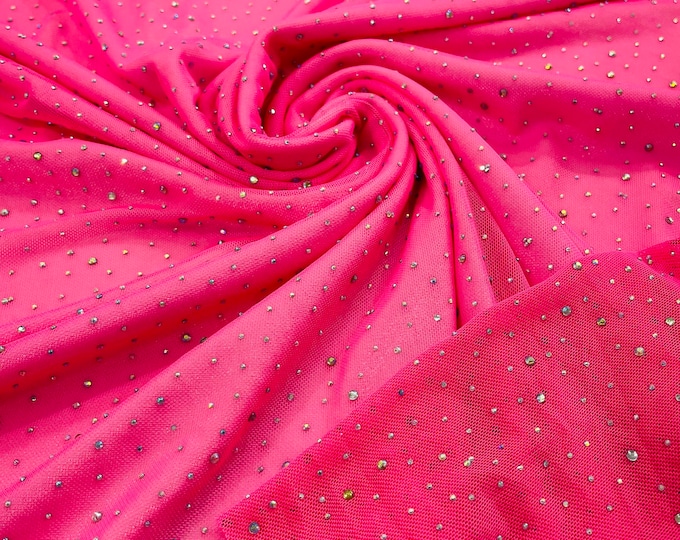 Neon Pink | AB Rhinestones Fabric On Pink Power Mesh Polyester Spandex Fabric With Crystal Stones | AB Rhinestones Fabric sold by yard