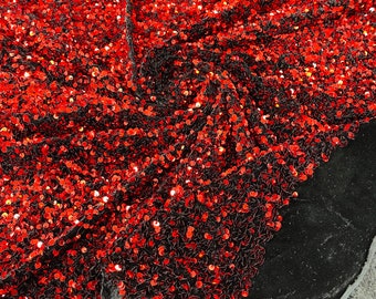 Red Sequin Fabric: Black Stretch Velvet, 5mm Sequins - By The Yard