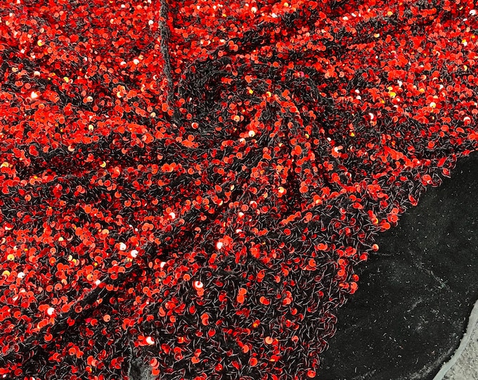 Red Sequin Fabric on Black Stretch Velvet - by the yard - all Over 5mm Sequins Velvet 2-way Stretch 58/60”