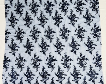 Navy Blue Floral Lace Fabric, by the yard Embroidery With Sequins on a Mesh Lace Fabric For Wedding-Bridal