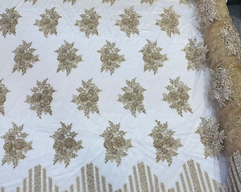Champagne Beaded Floral Lace Fabric, Hand Embroidered Bridal Mesh