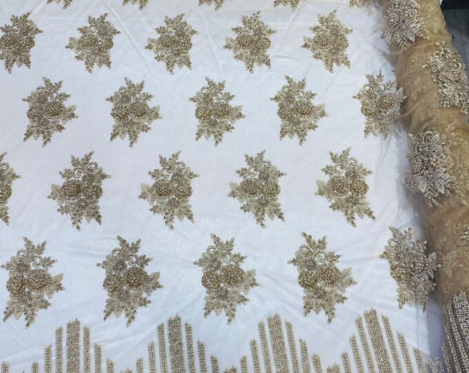 Champagne Beaded Fabric, Hand Embroidered Lace Bridal Floral On a Mesh Dress Fabric with Beads By The Yard