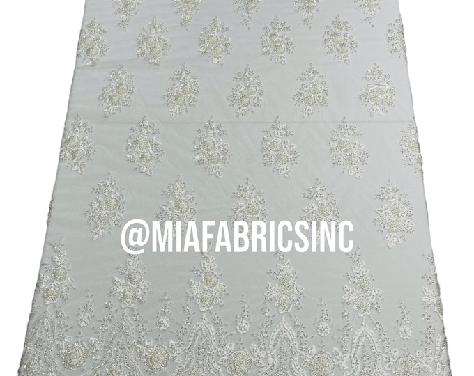 White Beaded Fabric Embroidered on a Mesh | Fashion Design Beads and Sequins | Beaded Lace | Beaded Wedding | Bridal Lace Fabric by the yard