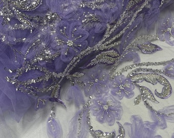 Lilac Tulle Fabric: 3D Flower, Beaded, Sequined Bridal Lace