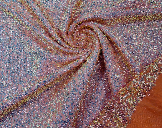 Mia Clear Iridescent Sequin Fabric on Orange Power Mesh, 4 Way Stretch Sequins Fabric By The Yard (Choose The Size)