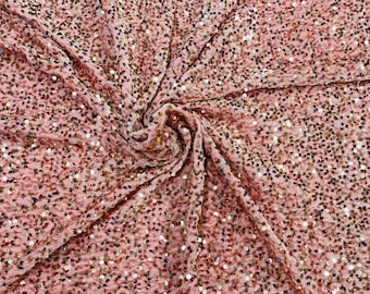 Rose Gold Sequins on Pink Stretch Velvet With Partial Luxury Sequins  5mm Shining Sequins 2-way Stretch 58/60” (Choose The Quantity)