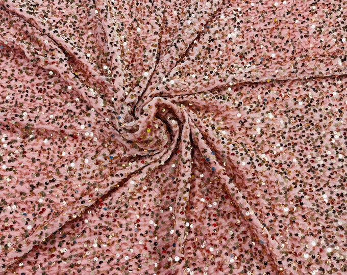 Rose Gold Sequins on Pink Stretch Velvet With Partial Luxury Sequins  5mm Shining Sequins 2-way Stretch 58/60” (Choose The Quantity)